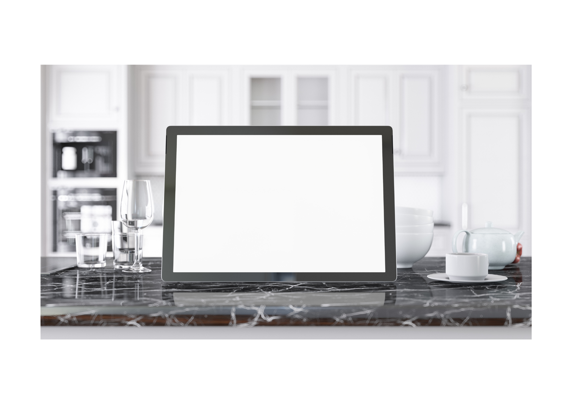 Tablet displaying ads on kitchen counter